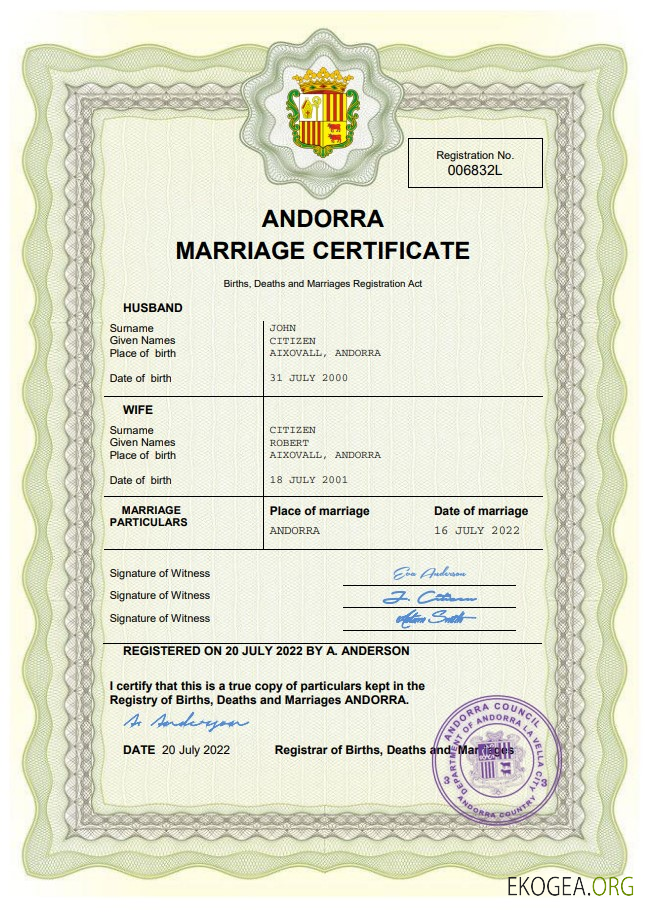 Modèle Word et PDF d'acte de mariage en Andorre